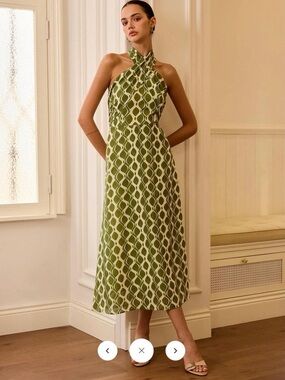 Commense Green Halter Midi Dress with Geo Print